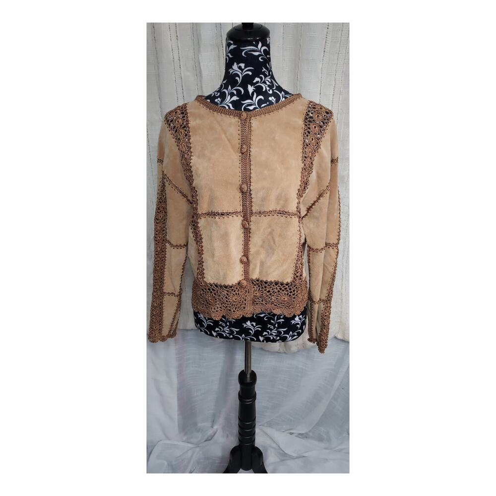 S.M.H Boutique Vintage 90's Brown Leather and Crochet  Patchwork Jacket Size M